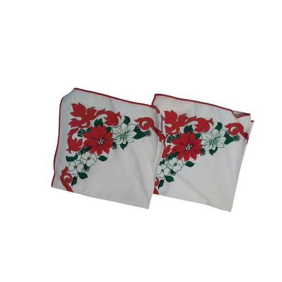 Vintage Set Of 2 Napkins Poinsetta Christmas Square White Red Green 17" - Picture 2 of 3